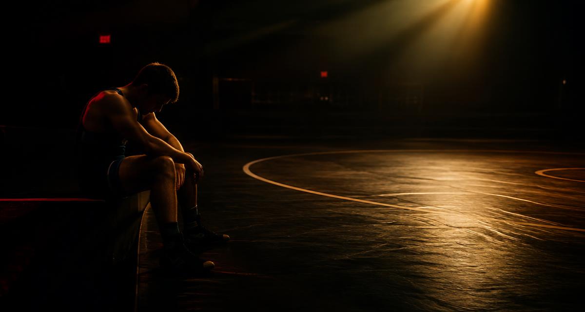 A wrestler sitting alone at the edge of a dark, empty mat under a single gold light